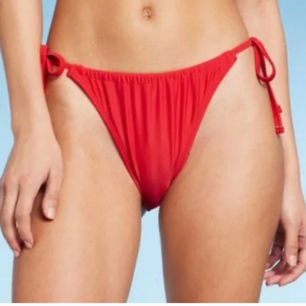 Red Bikini Bottom With Side Ties Low Rise High Leg